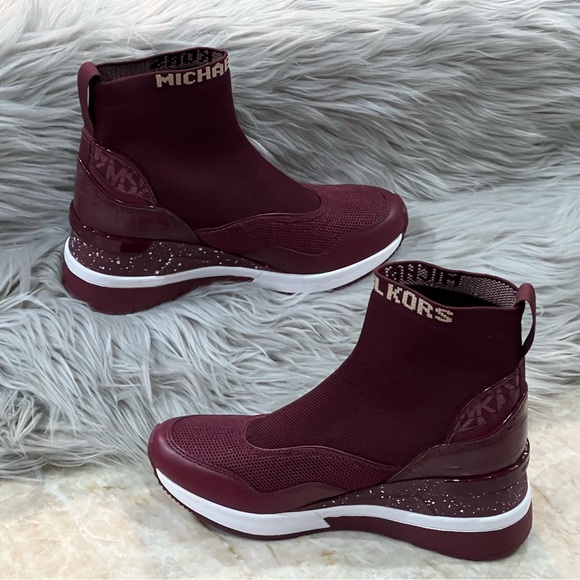 Michael Kors Swift Stretch Knit Crocodile Embossed Sneakers Booties - Burgundy - Picture 1 of 9